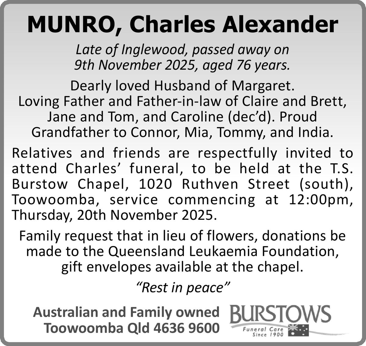 Funeral notice for Charles Alexander Munro