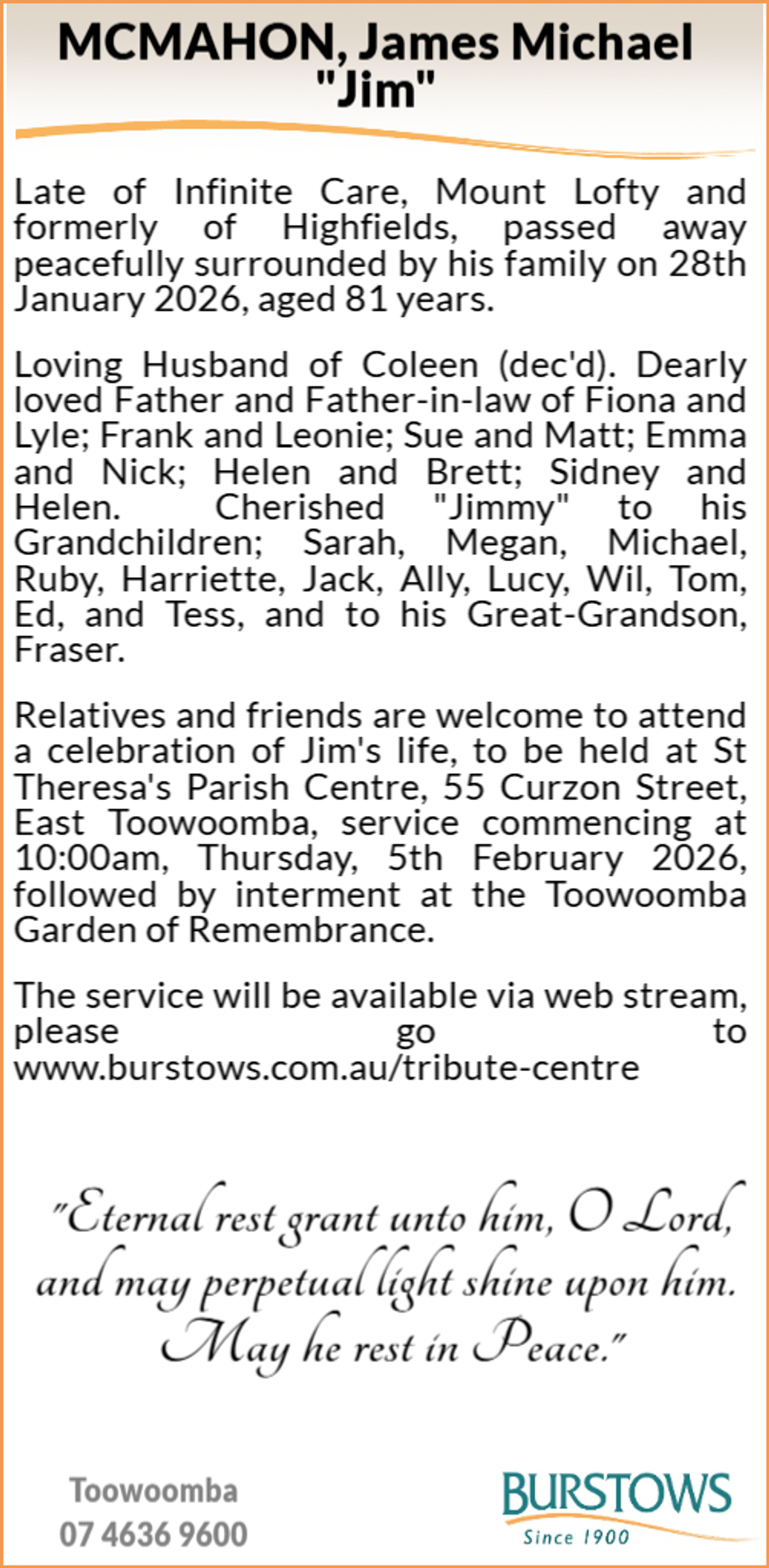 Funeral notice for James Michael McMahon