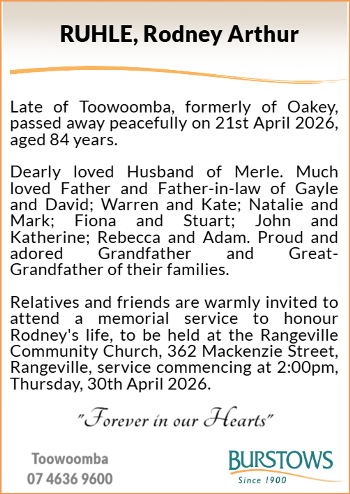 Funeral notice for Rodney Arthur Ruhle