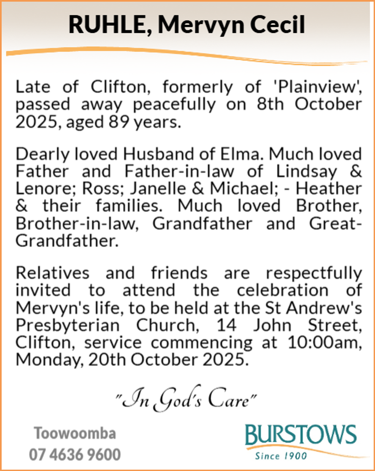 Funeral notice for Mervyn Cecil Ruhle
