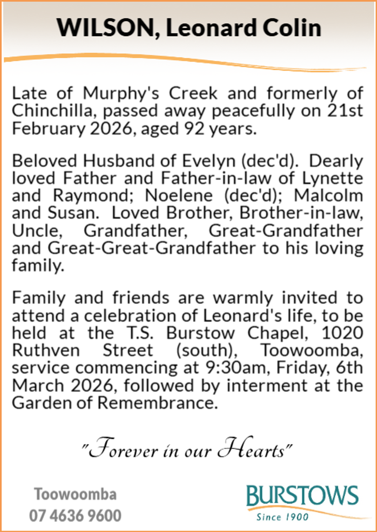 Funeral notice for Leonard Colin Wilson