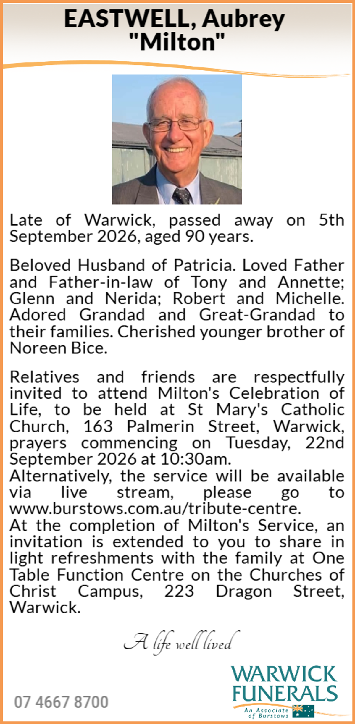 Funeral notice for Aubrey Milton Eastwell