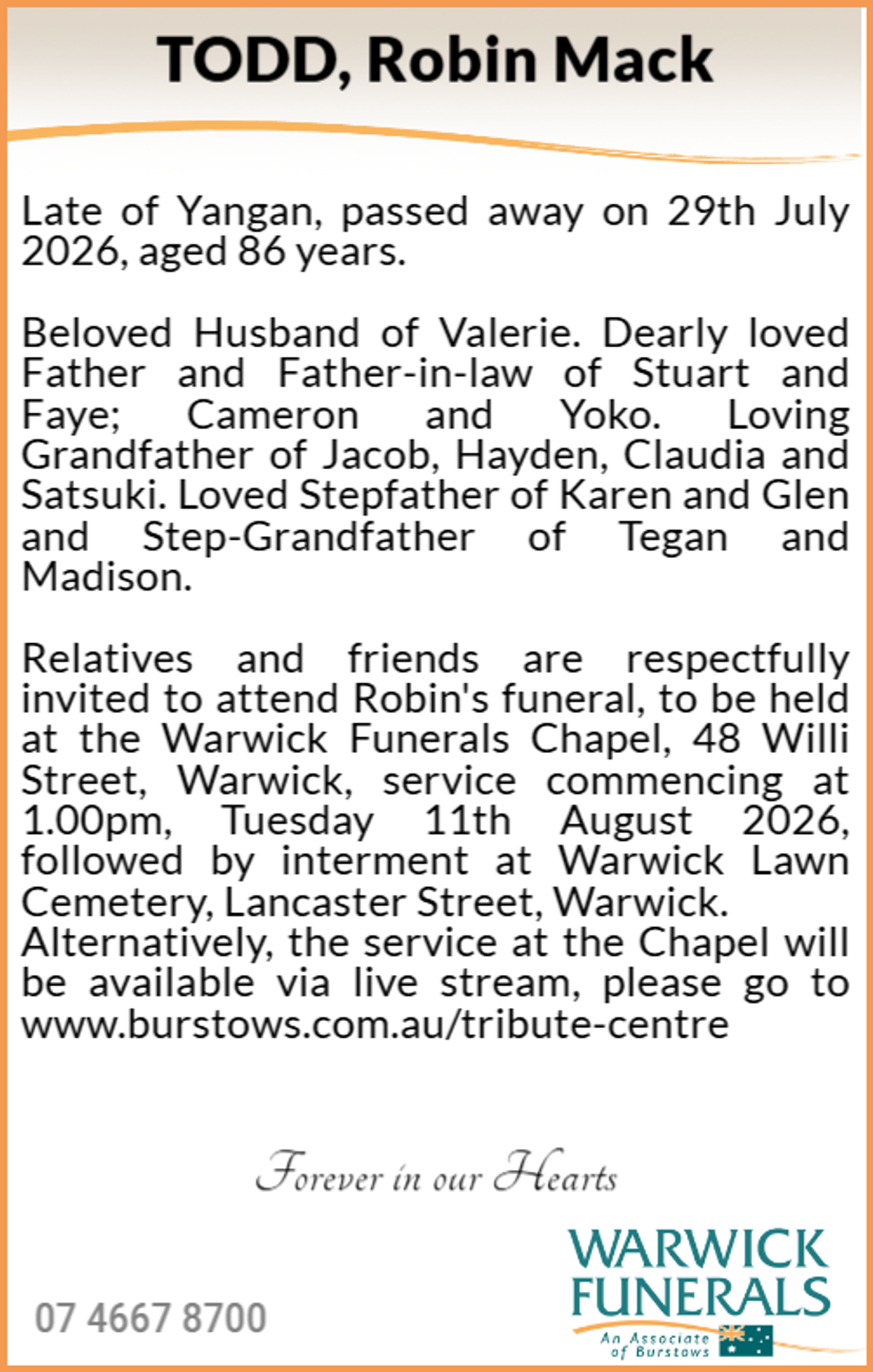 Funeral notice for Robin Mack Todd