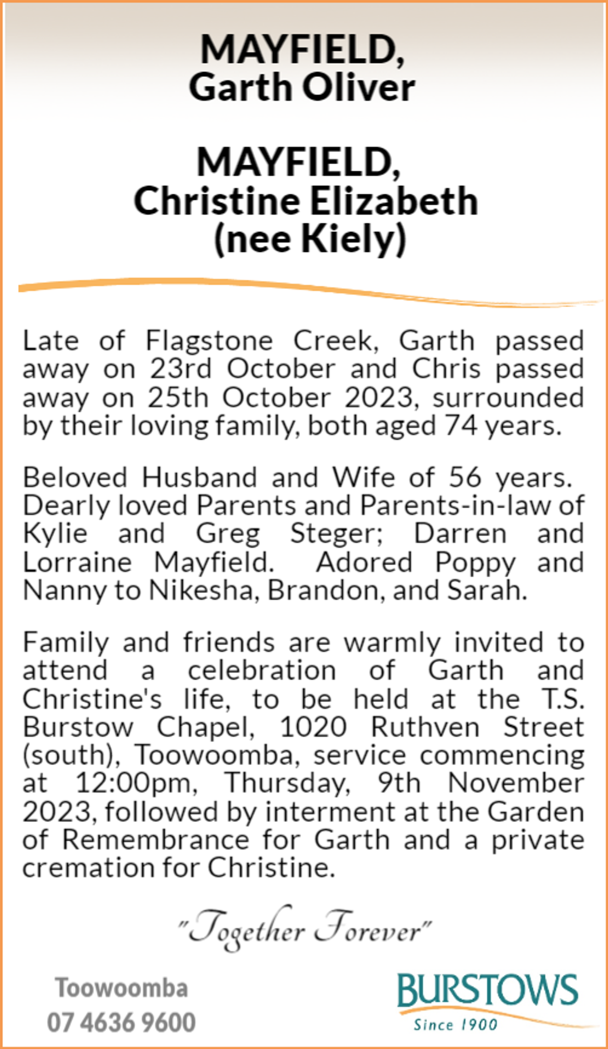Funeral notice for Garth & Christine Mayfield