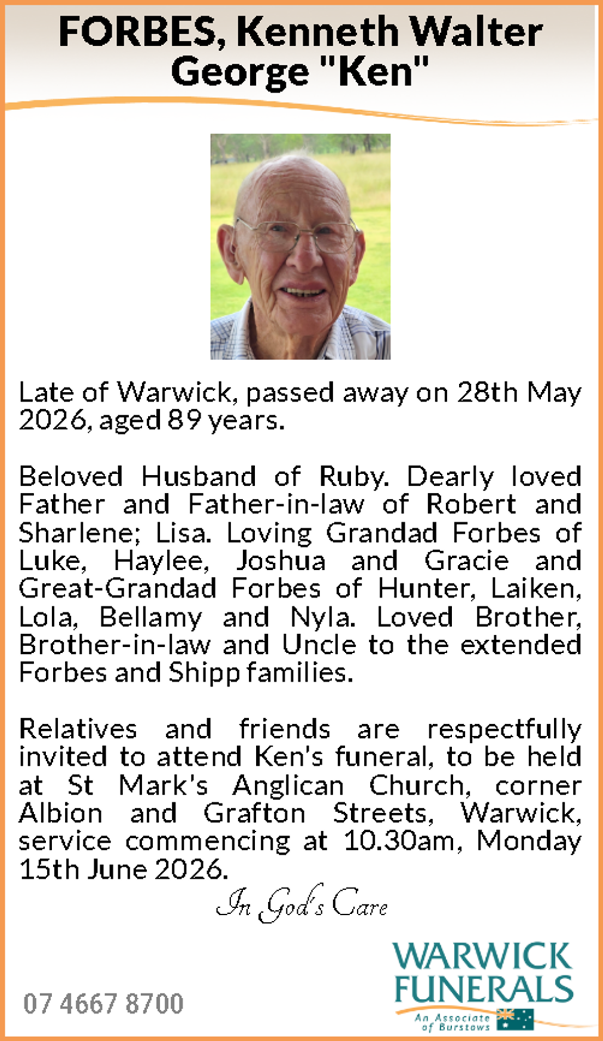Funeral notice for Kenneth Walter George Forbes