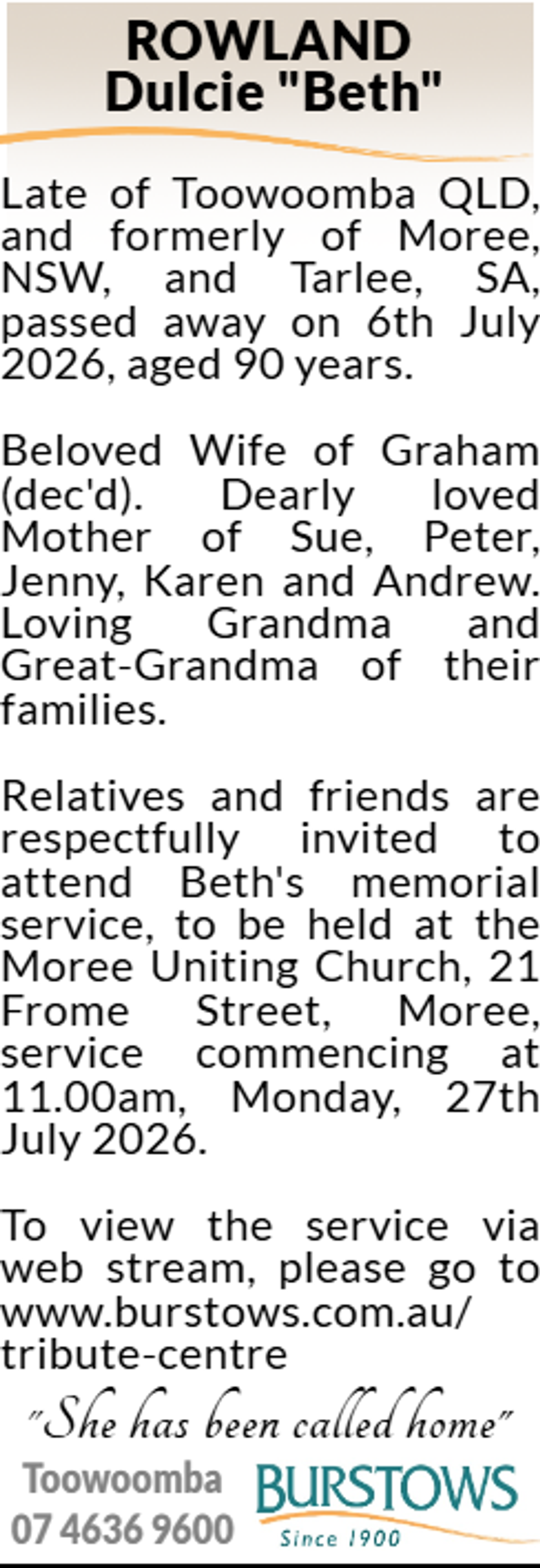 Funeral notice for Dulcie Beth Rowland