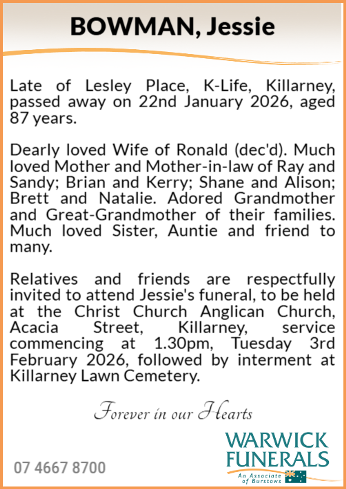 Funeral notice for Jessie Bowman