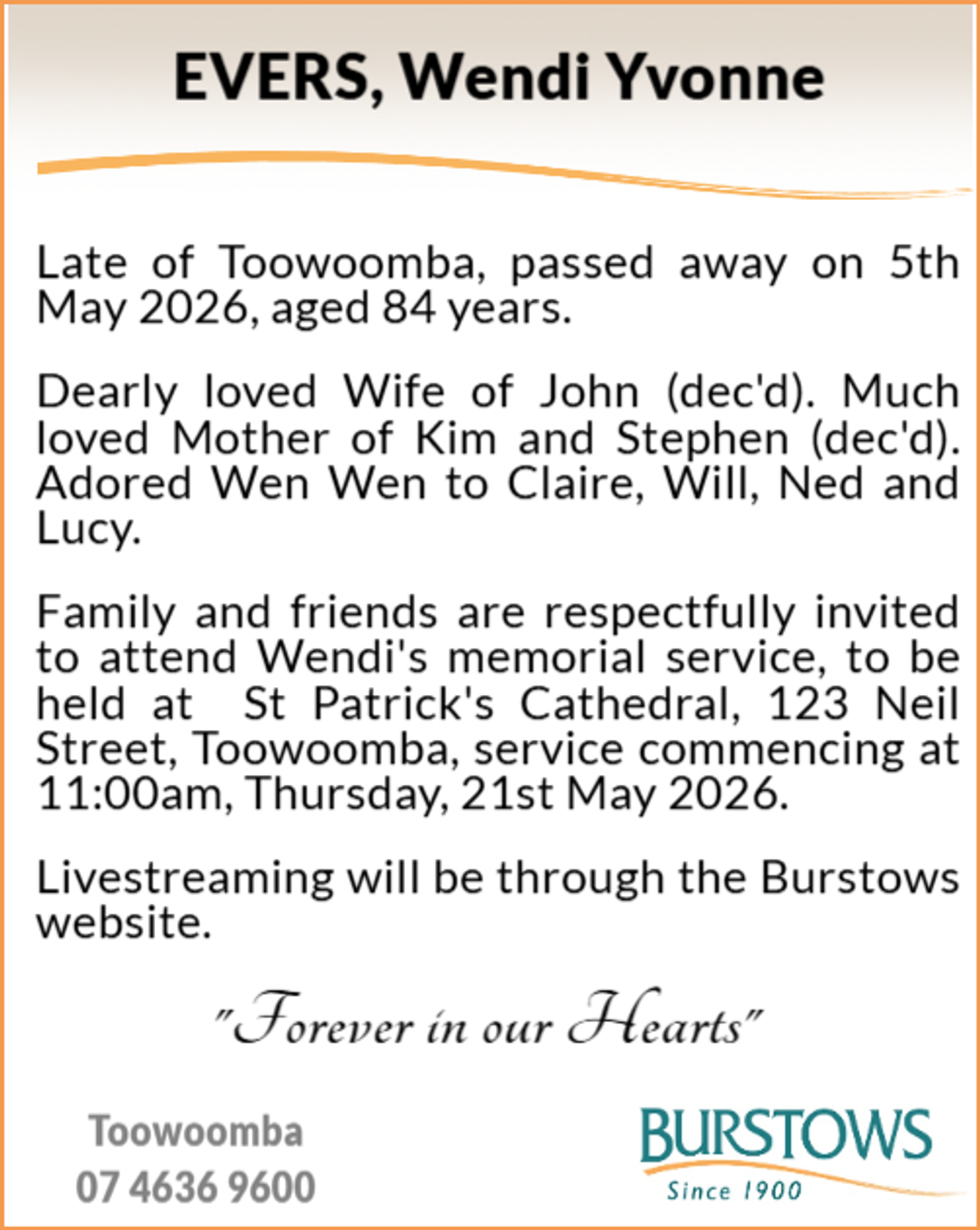 Funeral notice for Wendi Yvonne Evers