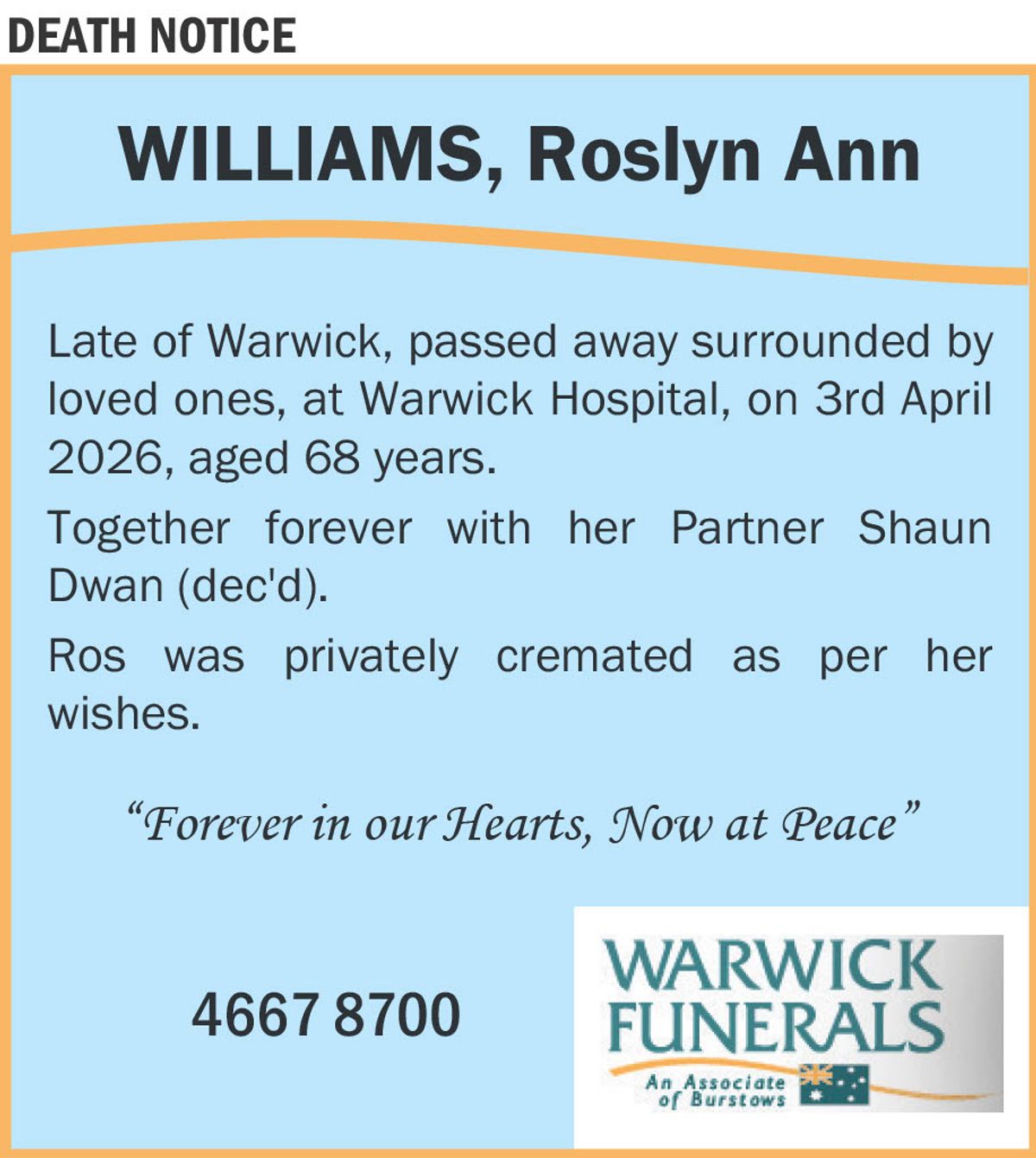Funeral notice for Roslyn Ann Williams
