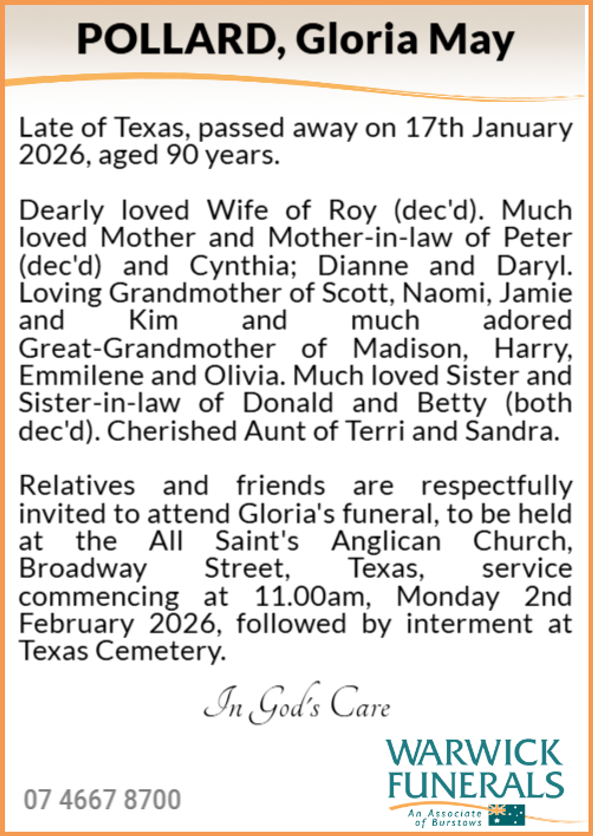 Funeral notice for Gloria May Pollard