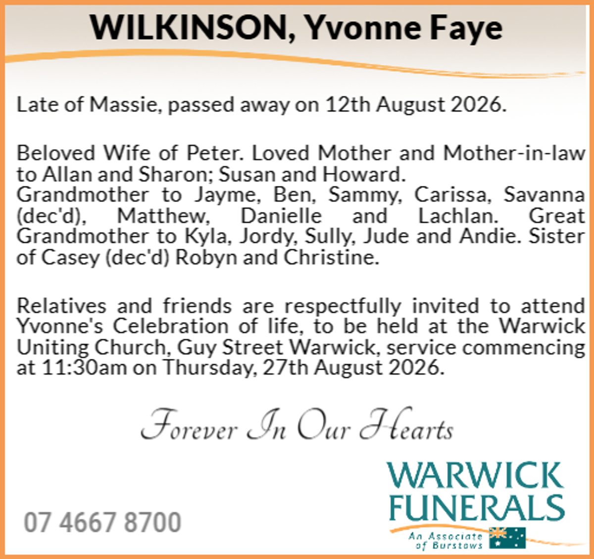 Funeral notice for Yvonne Faye Wilkinson
