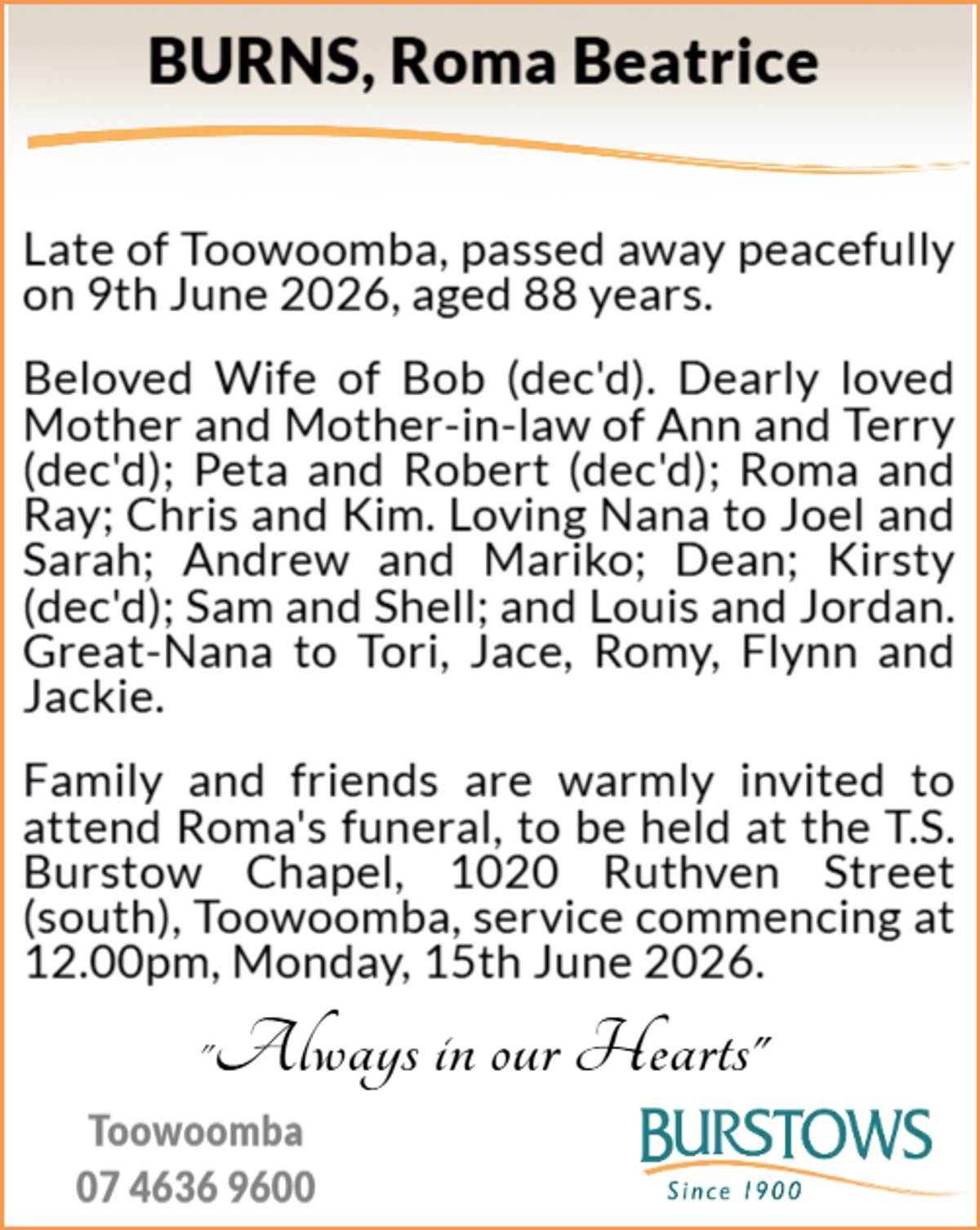 Funeral notice for Roma Beatrice Burns