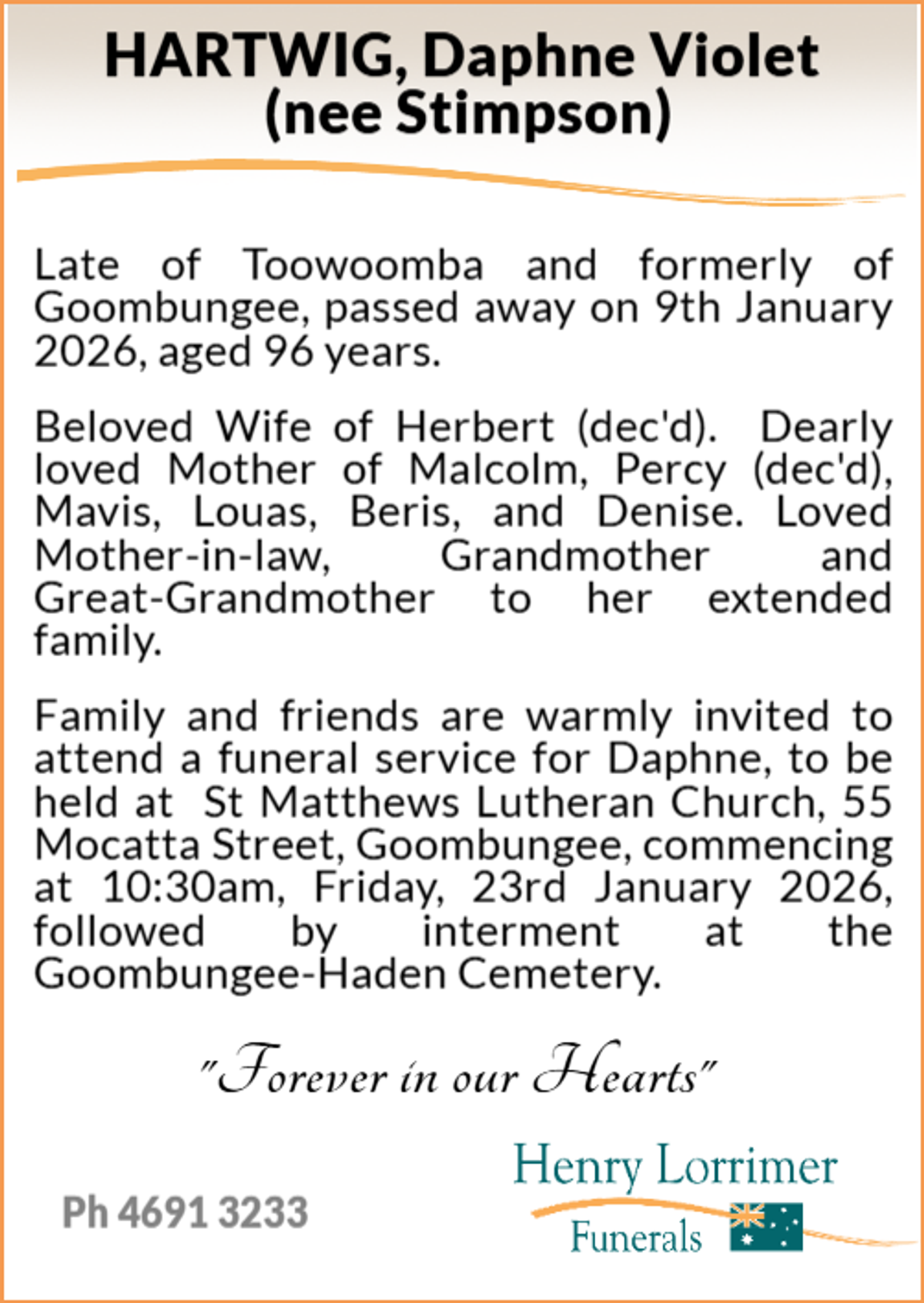 Funeral notice for Daphne Violet Hartwig