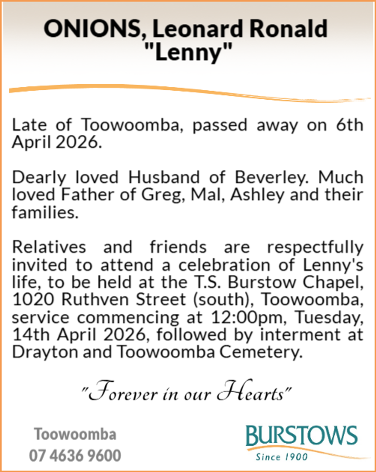 Funeral notice for Leonard Ronald Onions