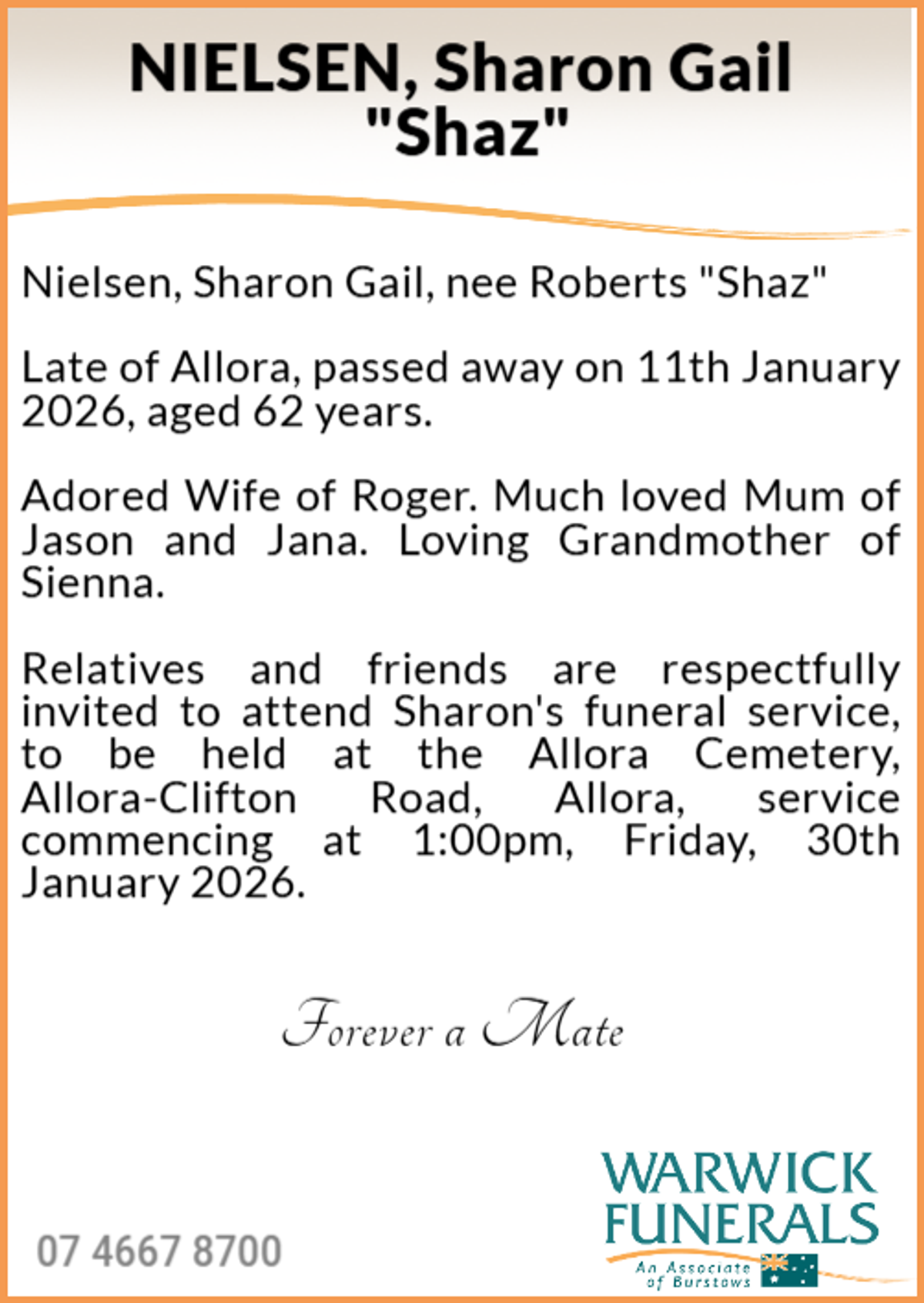 Funeral notice for Sharon Gail Nielsen