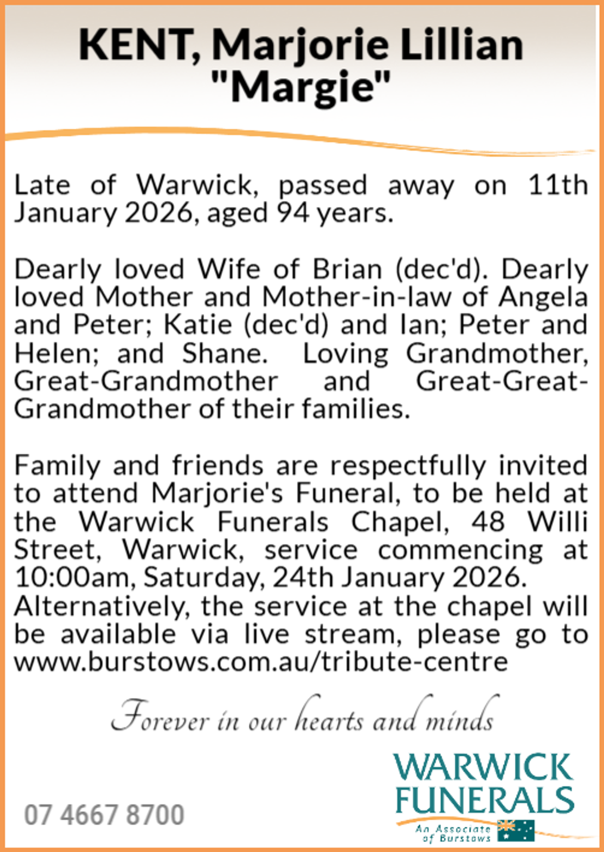 Funeral notice for Marjorie Lillian Kent