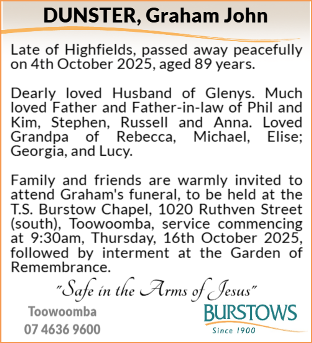 Funeral notice for Graham John Dunster