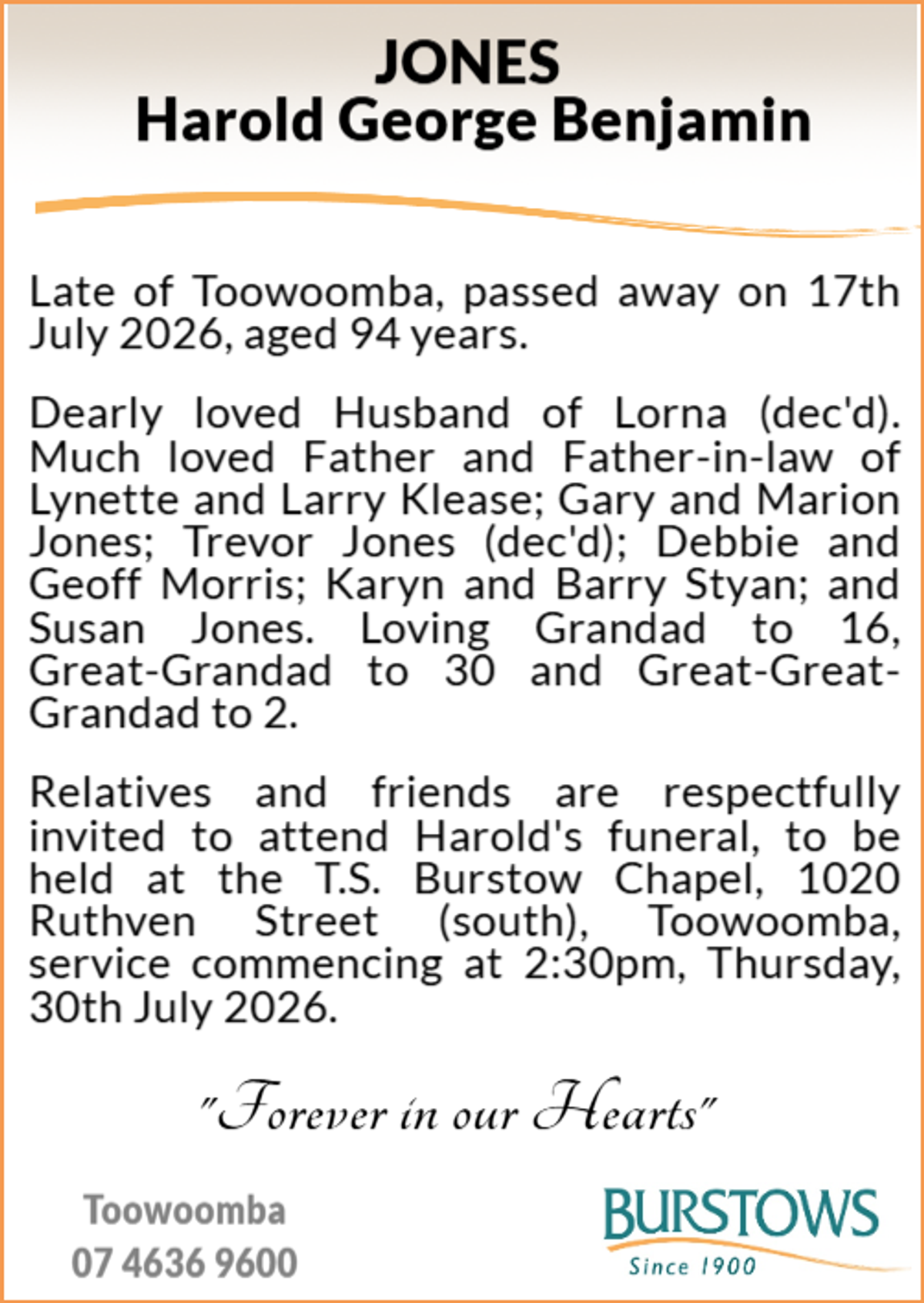Funeral notice for Harold George Benjamin Jones