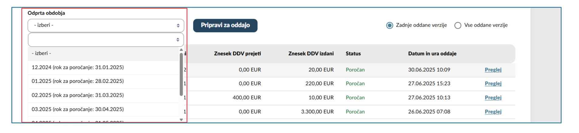 Izbira obdobja in priprava za oddajo