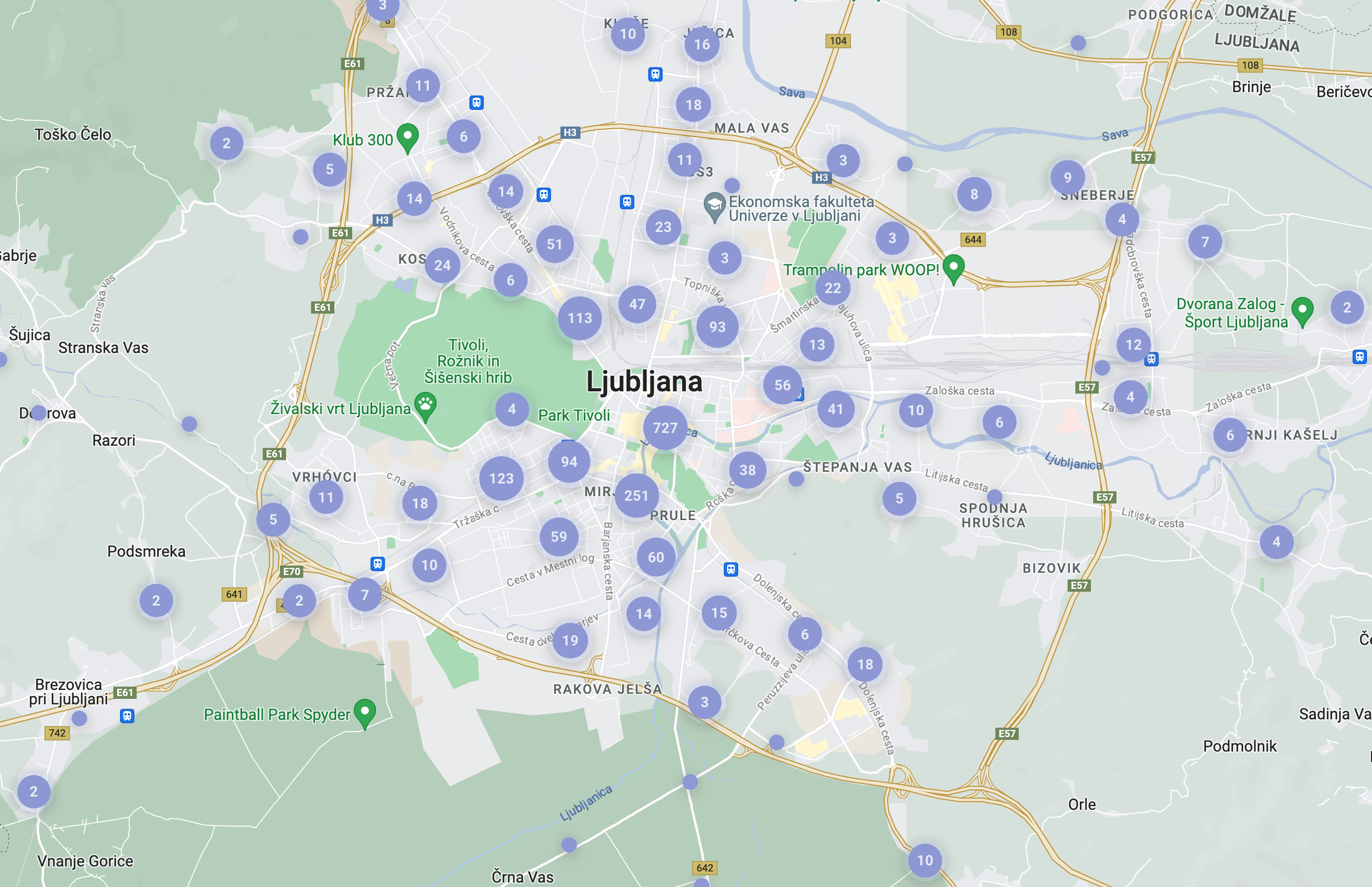 Zemljevid nastanitev za kratkoročni najem v Ljubljani