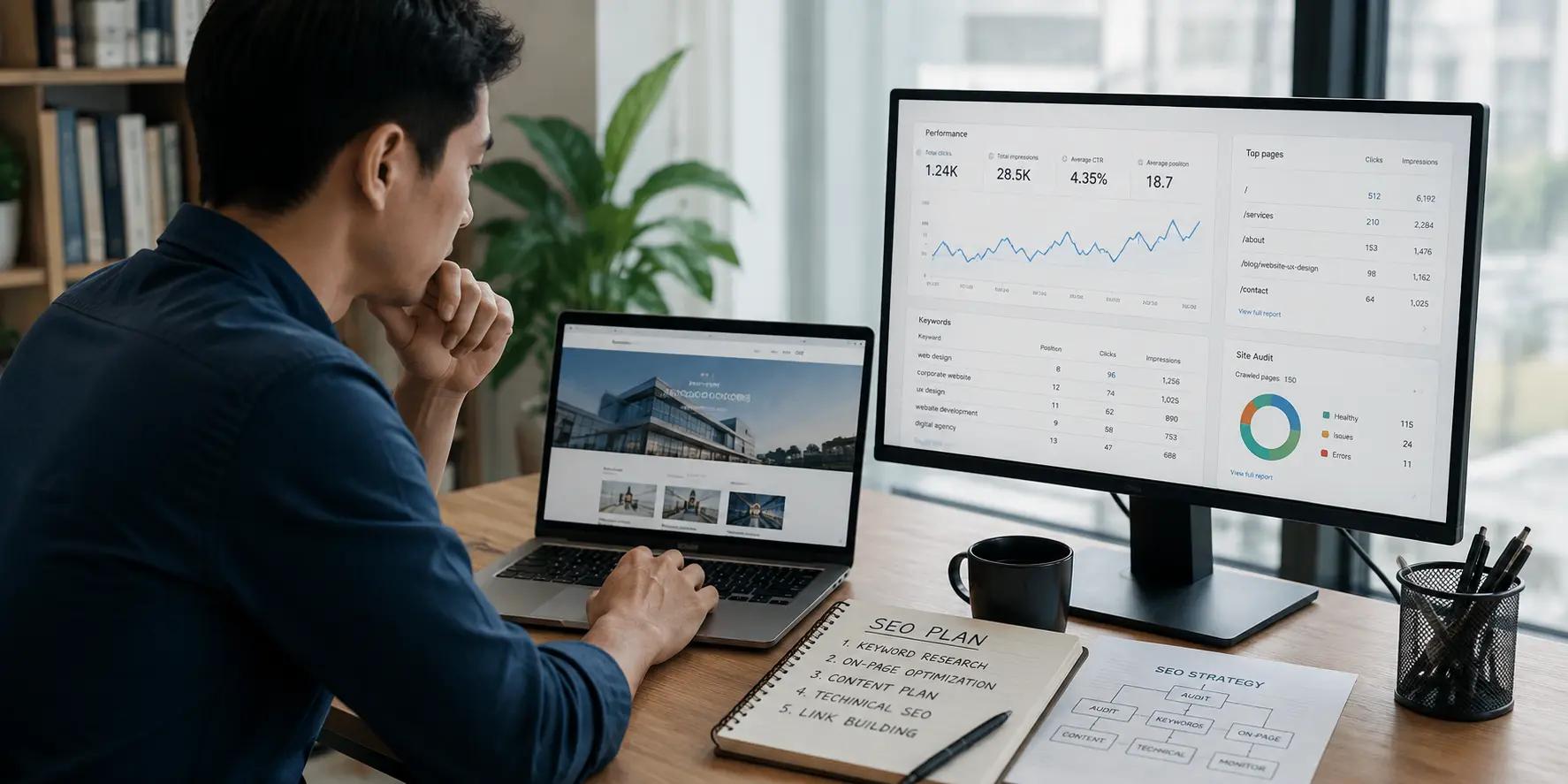 นักการตลาดตรวจเว็บไซต์บริษัทและ Dashboard SEO พร้อมวางแผน Keyword, On-page และ Technical SEO