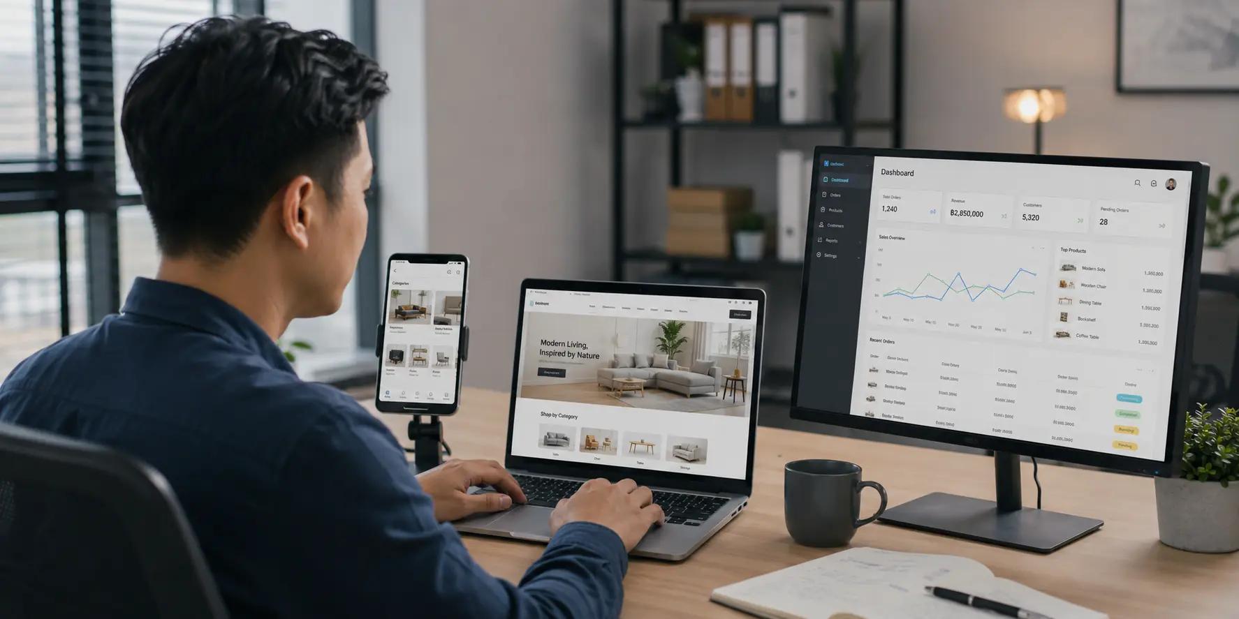 นักพัฒนากำลังตรวจเว็บไซต์ Ecommerce บนแล็ปท็อป แอปมือถือ และ Dashboard ที่เชื่อมข้อมูลร่วมกัน