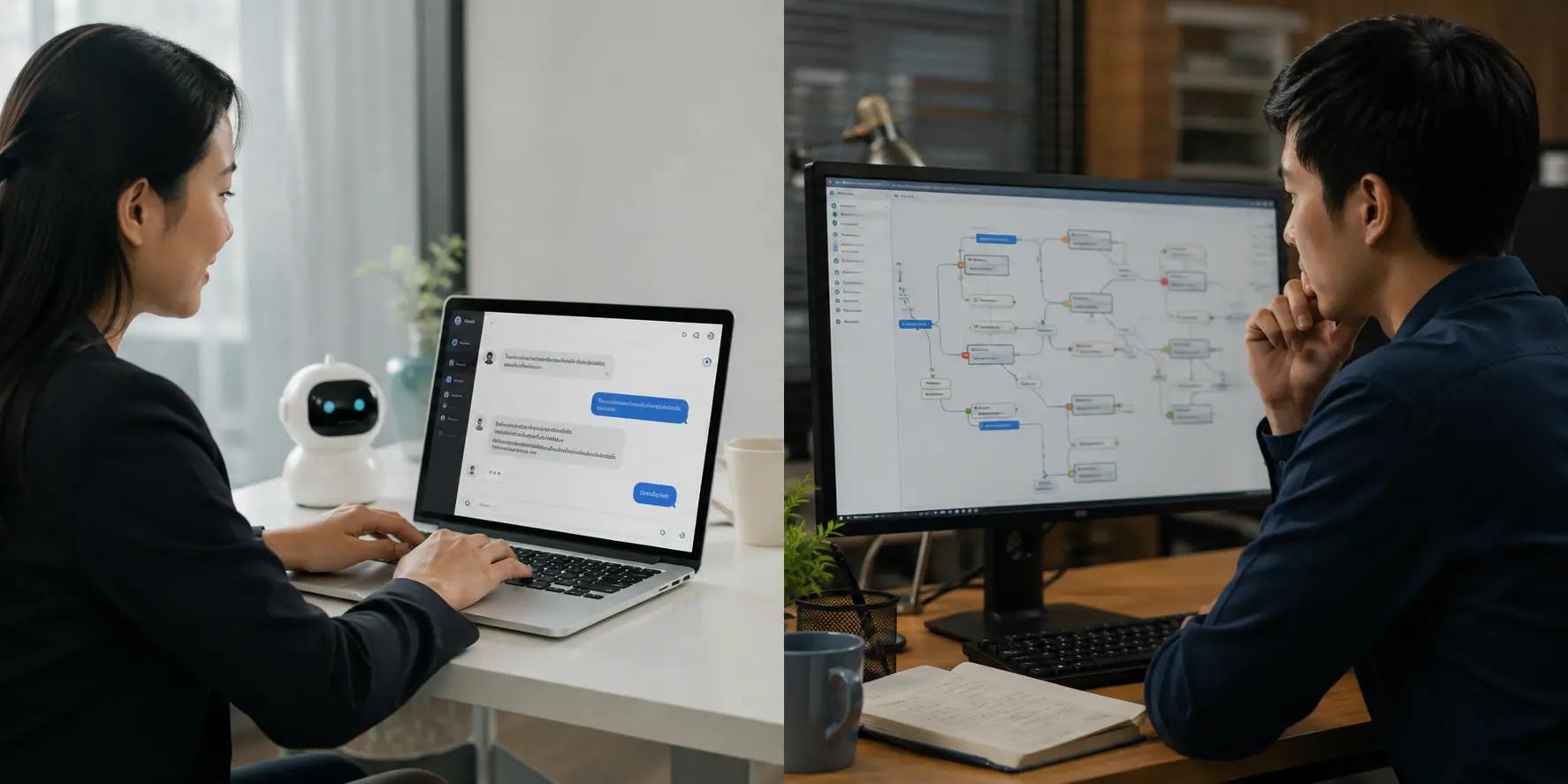 ภาพแบ่งสองส่วนแสดงผู้หญิงใช้งาน AI Chatbot บนแล็ปท็อป และผู้ชายออกแบบผัง Chatbot แบบตั้งกฎบนจอ