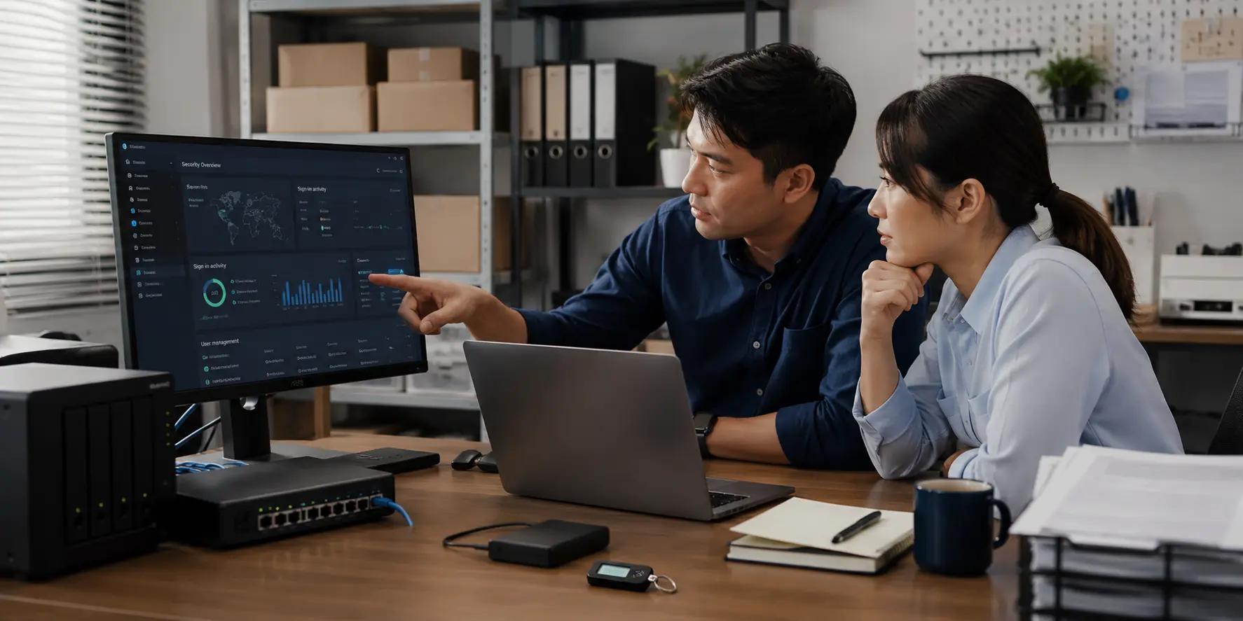 เจ้าของธุรกิจสองคนกำลังตรวจ Dashboard ความปลอดภัยและกิจกรรมการเข้าสู่ระบบบนจอคอมพิวเตอร์