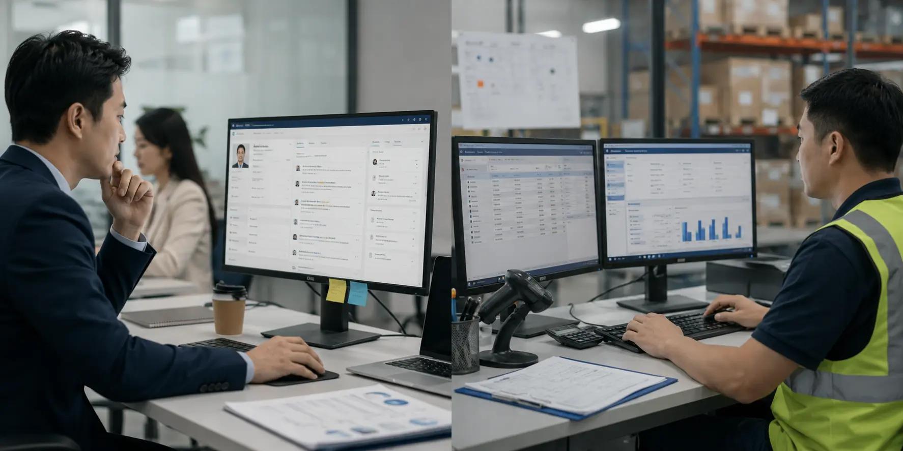 ภาพแบ่งสองส่วนแสดงระบบ CRM สำหรับบริหารลูกค้า และระบบ ERP สำหรับจัดการงานคลังและข้อมูลภายใน