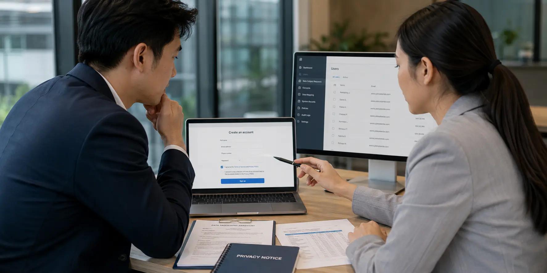 เจ้าหน้าที่สองคนกำลังตรวจแบบฟอร์มสมัครสมาชิก รายชื่อผู้ใช้ และเอกสาร Privacy Notice บนโต๊ะทำงาน