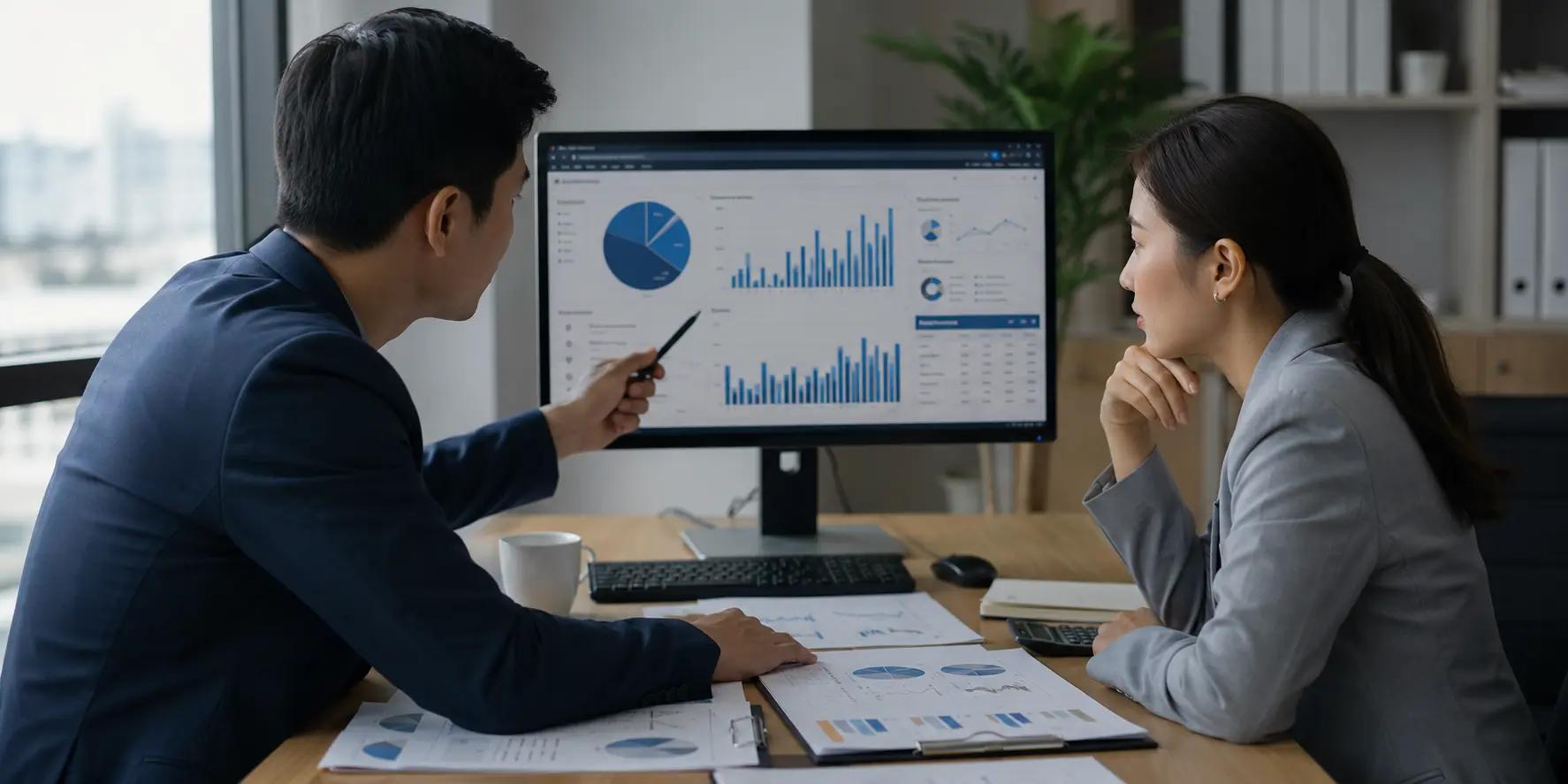 นักวิเคราะห์สองคนกำลังอภิปรายกราฟและตารางข้อมูลบน Dashboard พร้อมเอกสารประกอบบนโต๊ะ