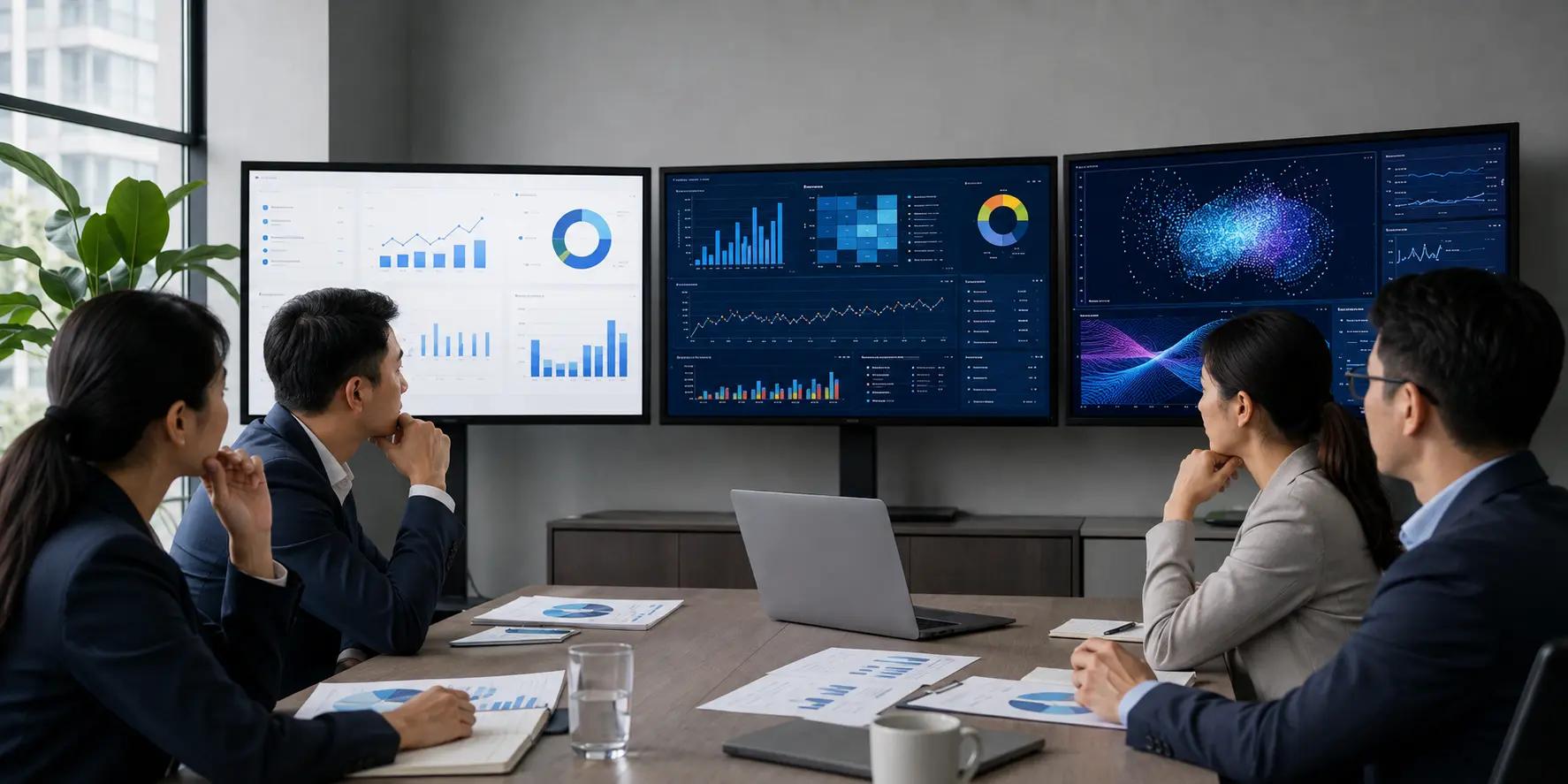 ทีมผู้บริหารกำลังวิเคราะห์กราฟ Dashboard, BI และภาพข้อมูล AI บนจอหลายจอในห้องประชุม