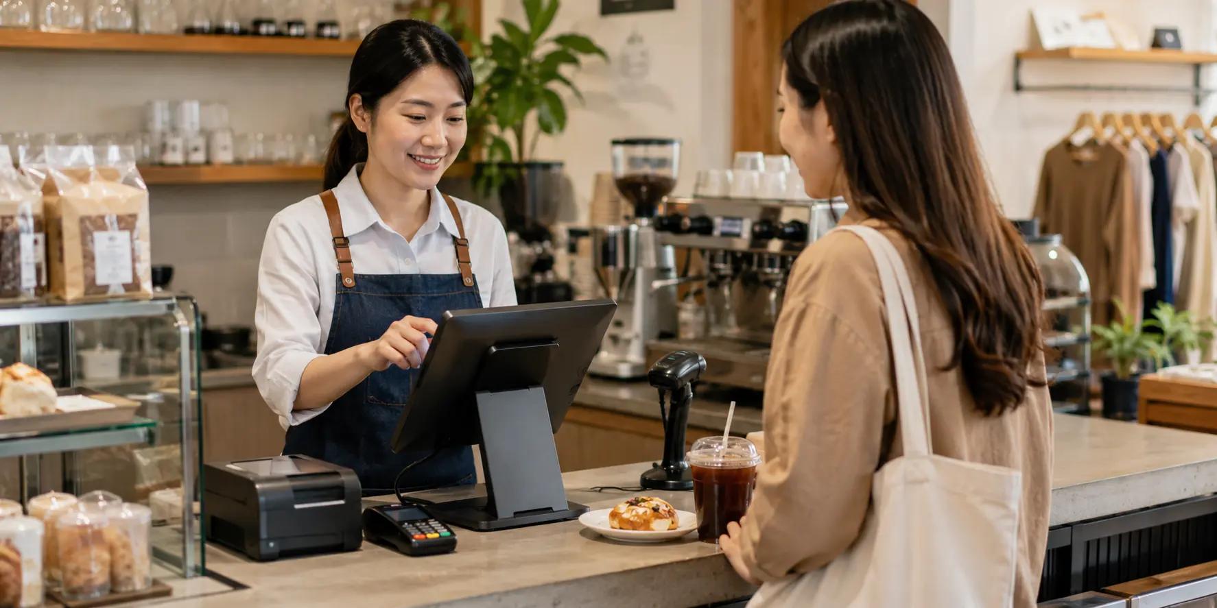 พนักงานร้านกาแฟกำลังรับชำระเงินจากลูกค้าด้วยเครื่อง POS บนเคาน์เตอร์