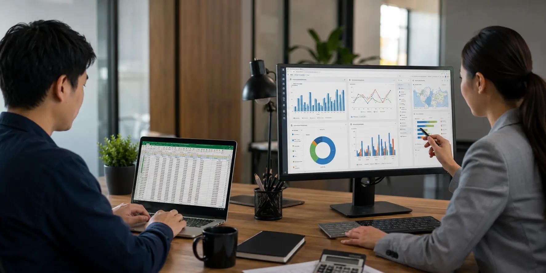 พนักงานสองคนเปรียบเทียบข้อมูลตารางใน Excel บนแล็ปท็อปกับ Dashboard บนจอขนาดใหญ่