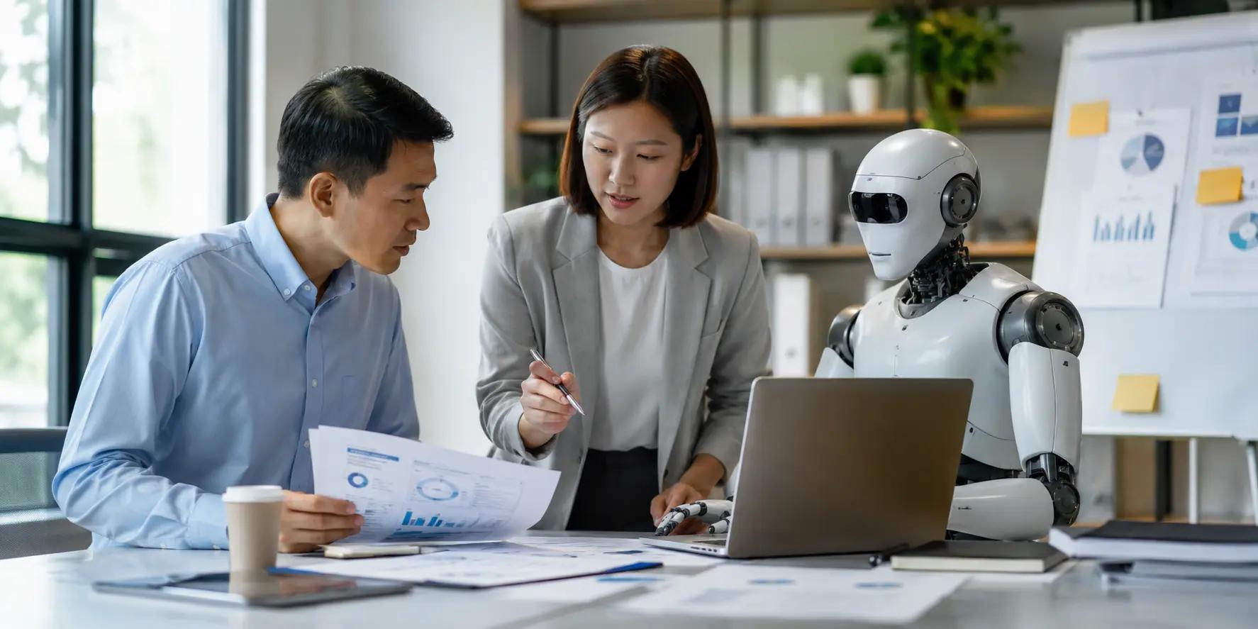 ทีมงานวิเคราะห์ข้อมูลร่วมกับหุ่นยนต์ AI และแล็ปท็อป เพื่อประเมินความพร้อมก่อนนำ AI มาใช้