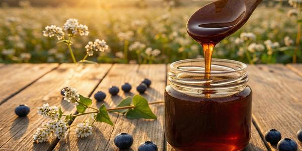 Buckwheat Honey on a table in a field