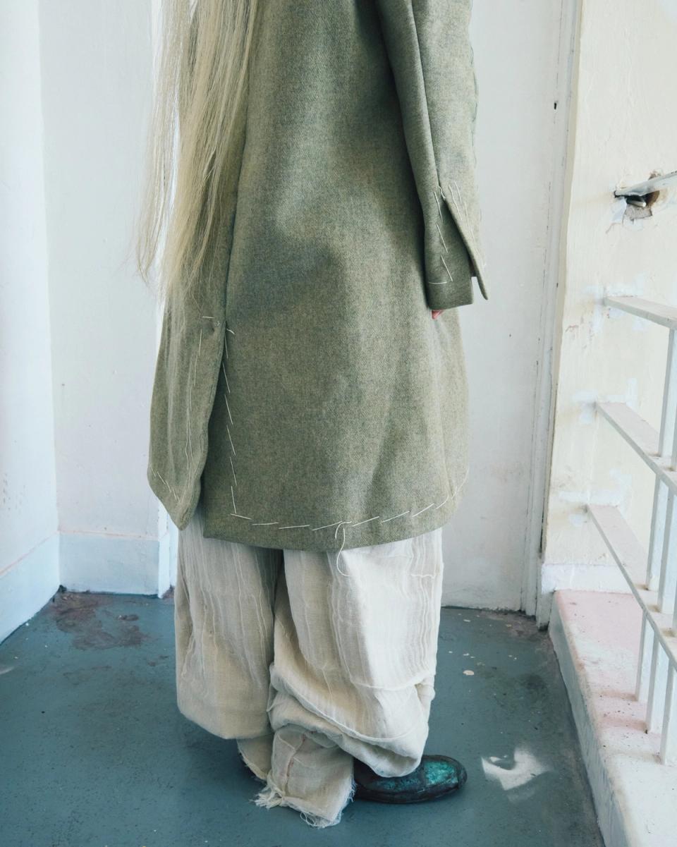 Zoot suit inspired jacket hand stitched with copper wire