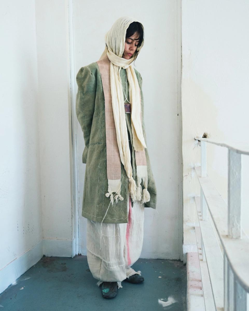 Zoot suit inspired jacket hand stitched with copper wire