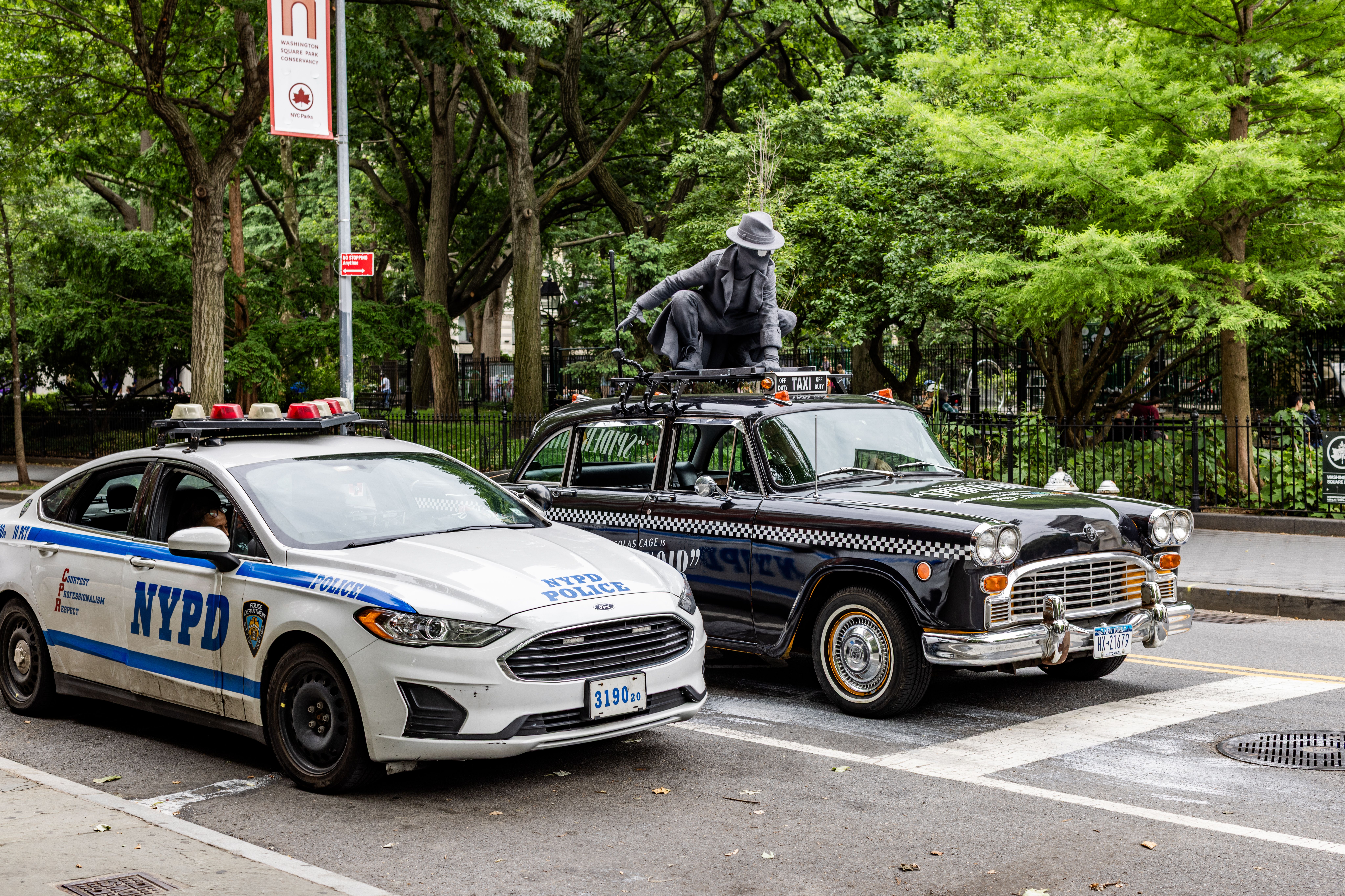 Wrapped specialty vehicle (vintage taxi) with prime video spidernoir 3D topper 
