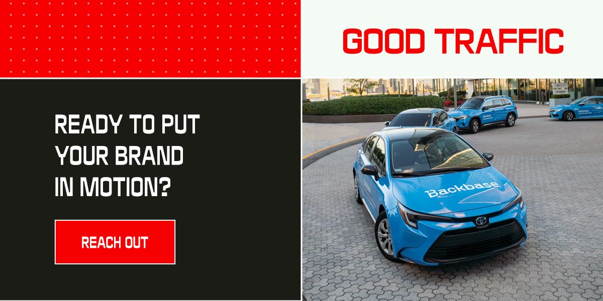 three blue Toyota cars wrapped with 'Backbase' branding parked in an urban setting, alongside the text 'Ready to put your brand in motion?' and a red 'Reach Out' call-to-action button.