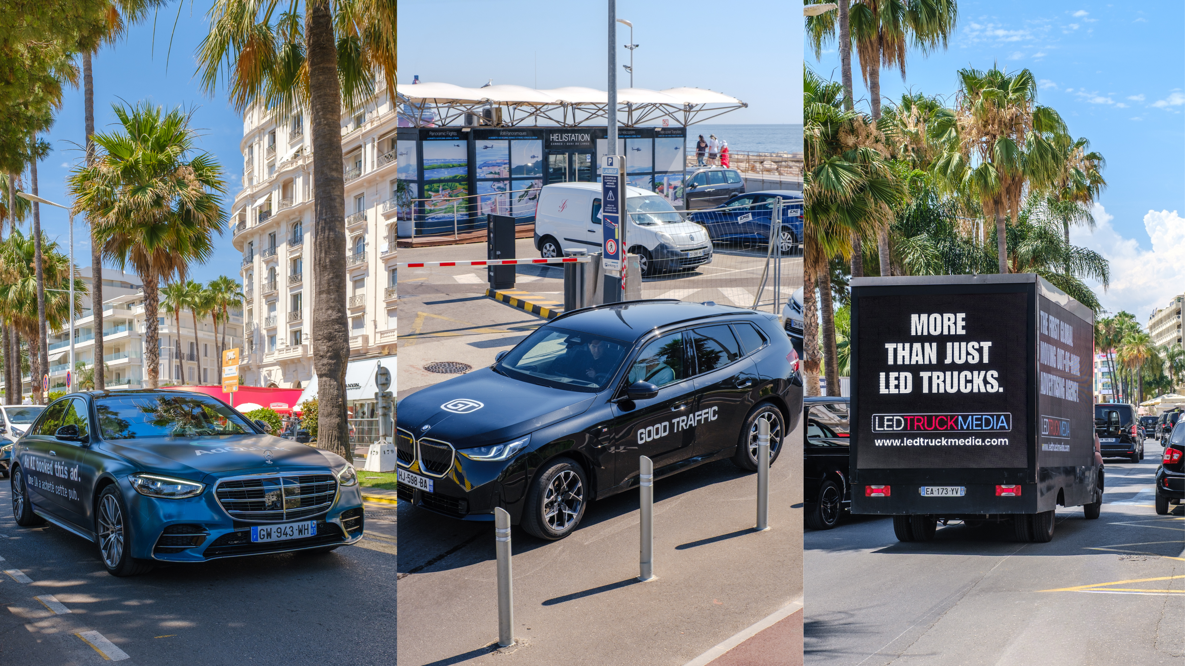 Wrapped car in GOOD TRAFFIC branding shown driving through Cannes, France during the Cannes Lions festival