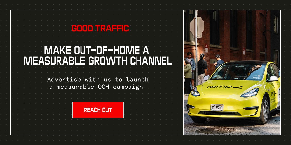 A Good Traffic promotional banner with a dark dotted background. The left side features the "Good Traffic" brand name in red, the headline "Make Out-of-Home a Measurable Growth Channel" in large white bold text, the subtext "Advertise with us to launch a measurable OOH campaign," and a red "Reach Out" call-to-action button.