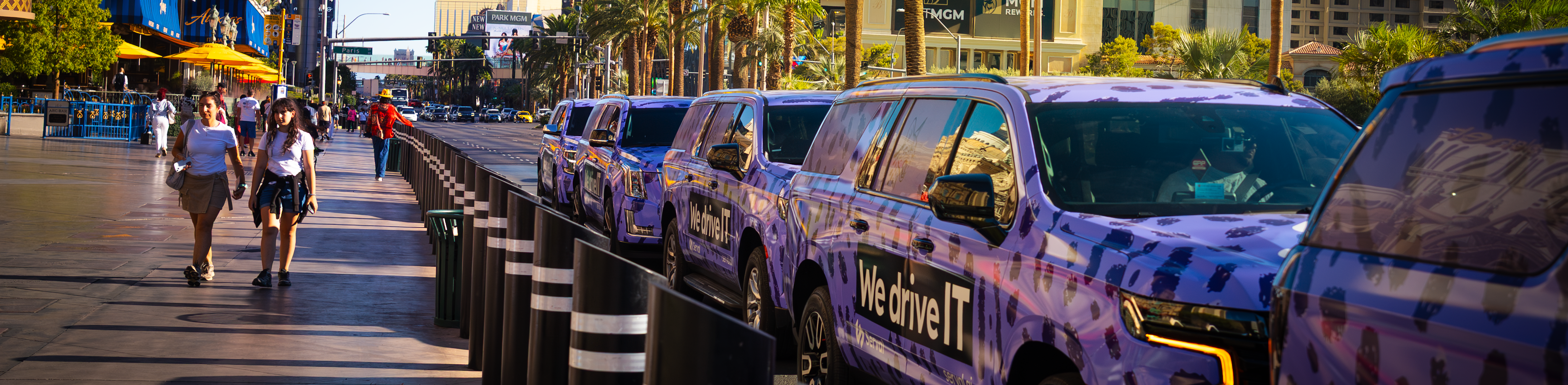 SUVs wrapped in purple animal print lined up on Las Vegas Strip