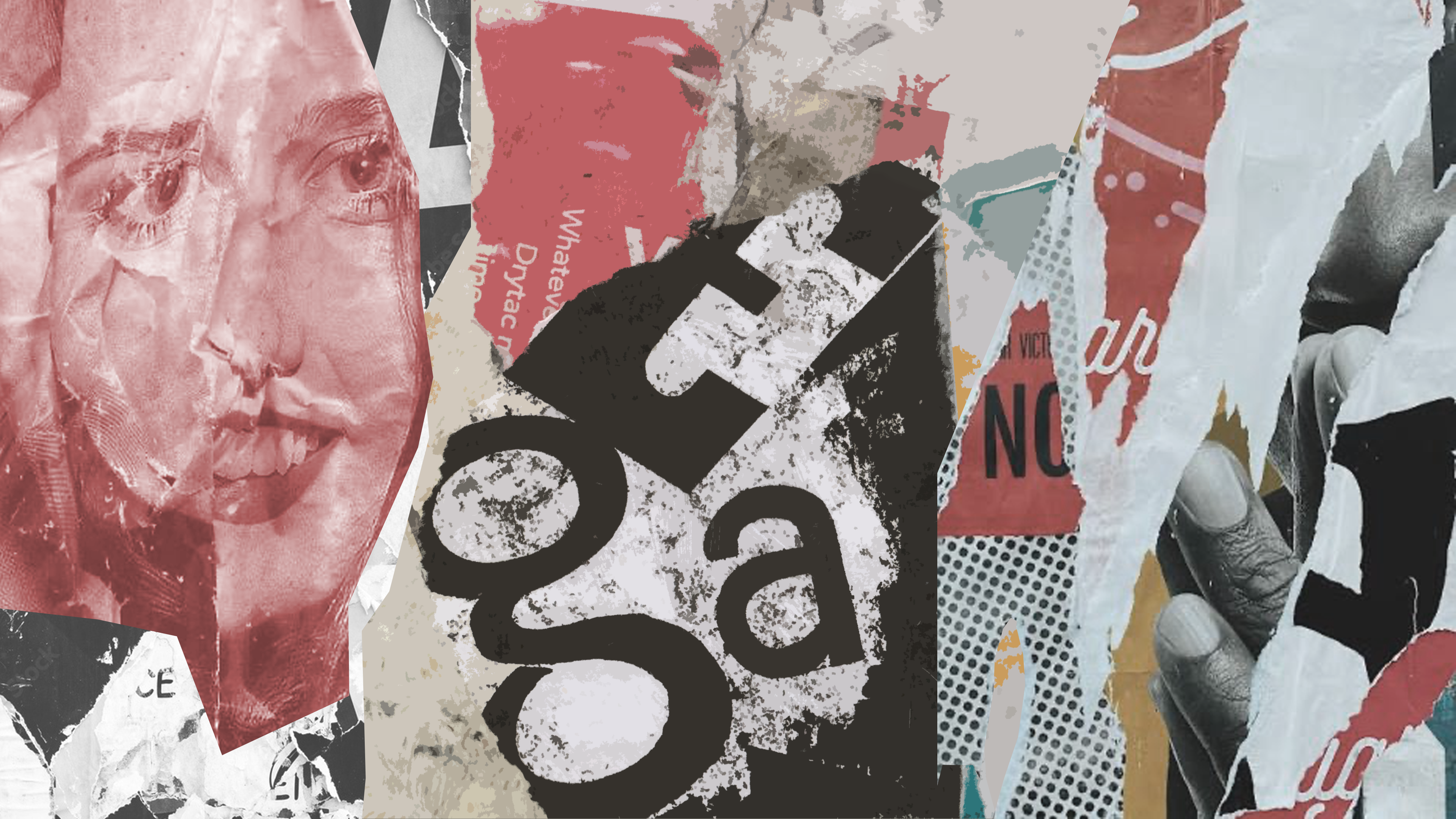 Collage of old, ripped movie posters, photographs and imagery that evokes art and cinema.