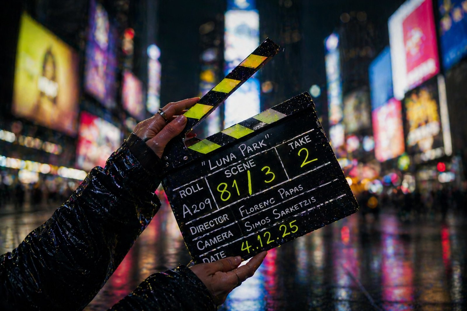 Clapper board in rainy urban environment