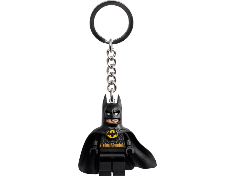 A Lego Batman minifigure on a steel keyring, cape spread, against white.