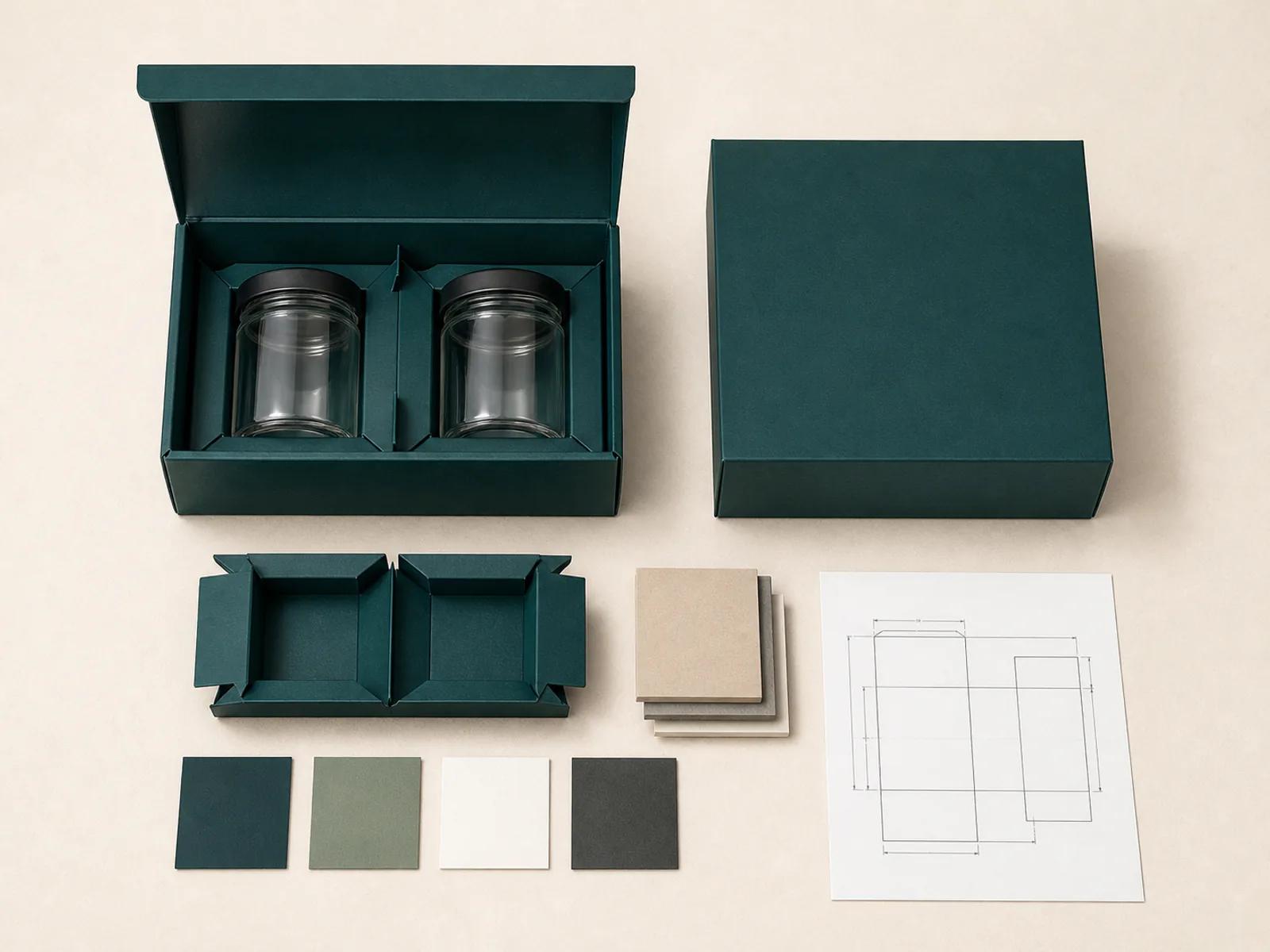 Food gift outer box beside jar dimensions paper insert and finish samples for quotation