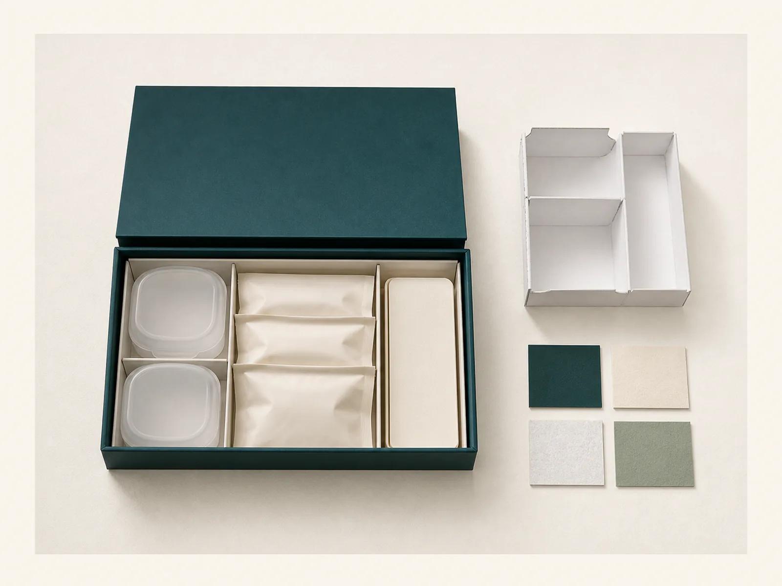 Dental aligner kit packaging layout with paper compartments cases pouches and blank cards