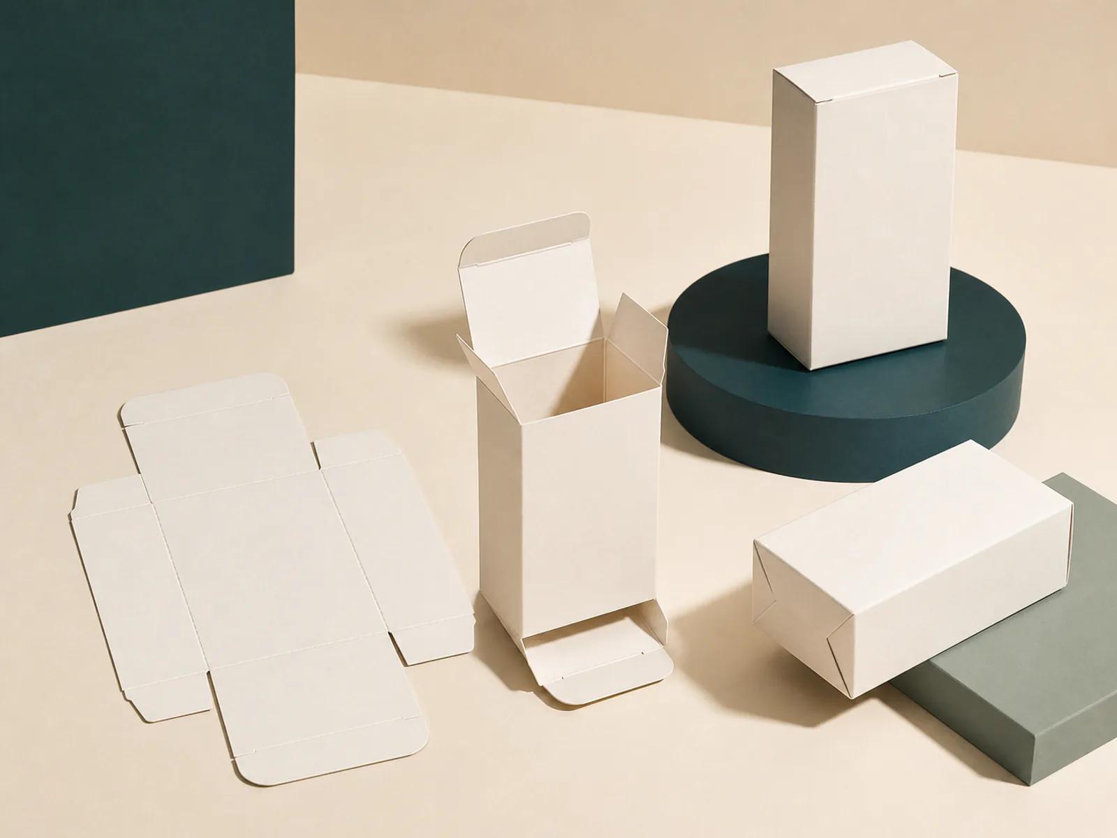 Printed folding carton shown flat and assembled with accurate tuck flaps and creases