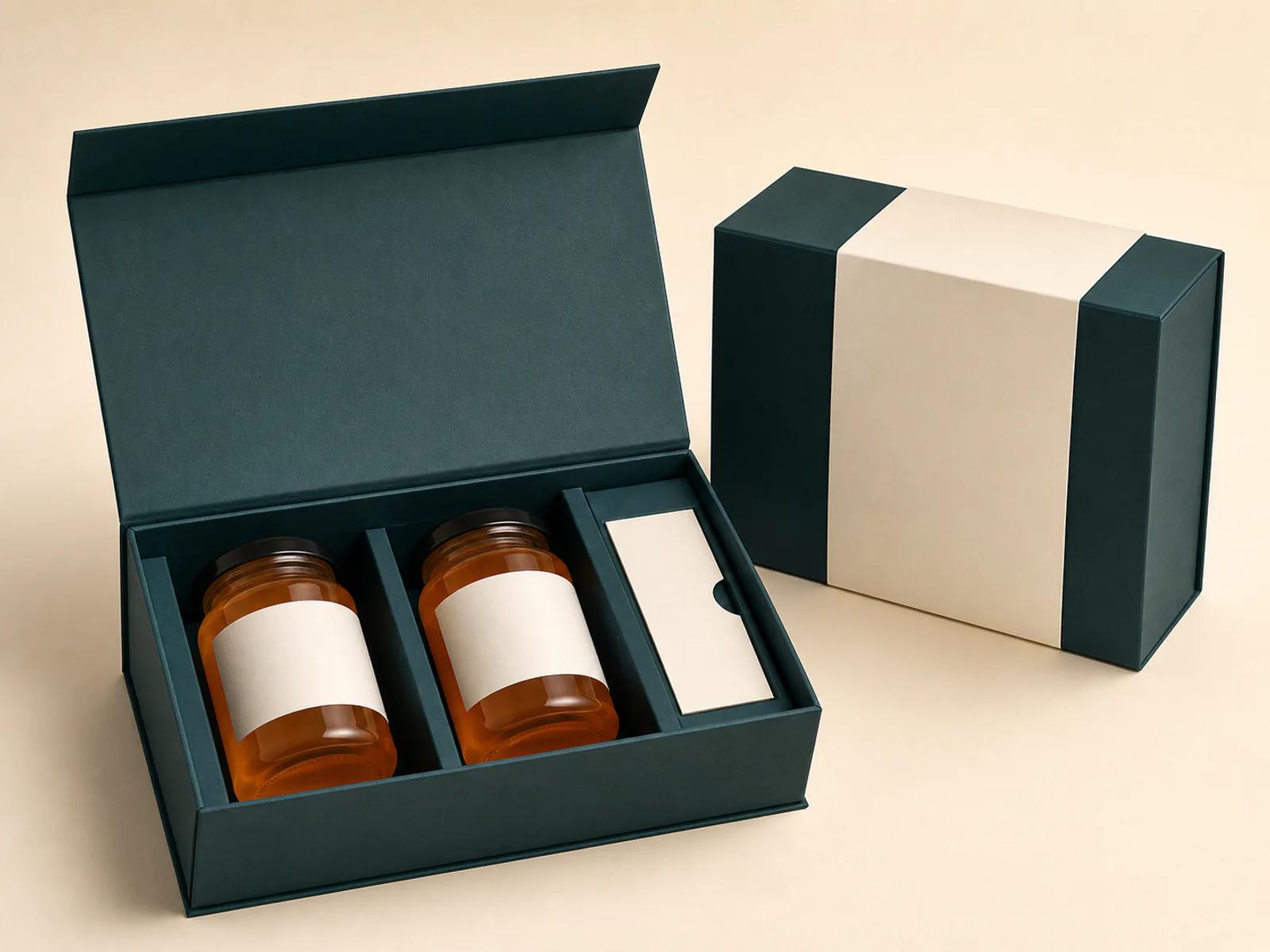 Seasonal honey gift outer box with fitted paper insert around unbranded jars